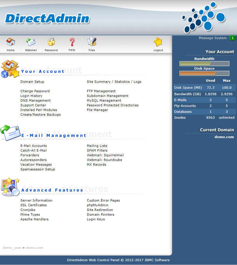 directadmin dashboard screenshot