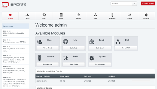 ispconfig dashboard screenshot