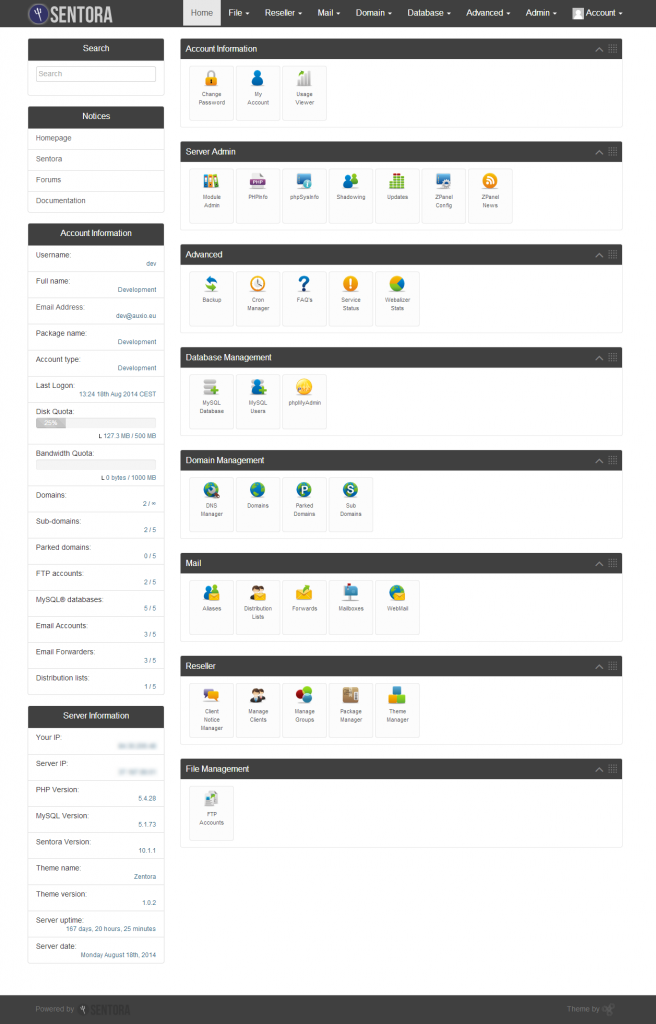 sentora dashboard screenshot