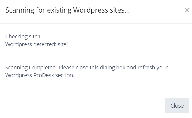 Scanning for existing WordPress sites panel