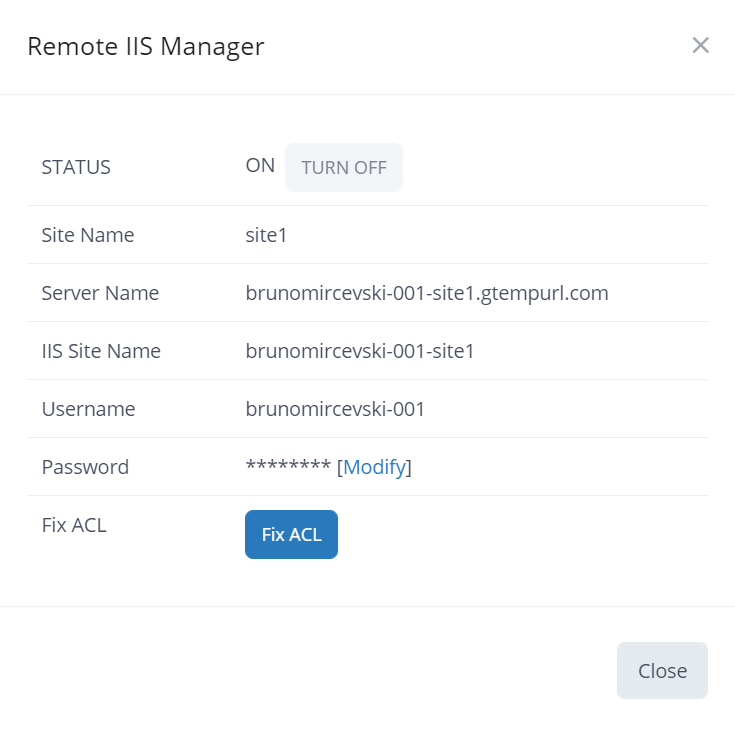 Screenshot of the Remote IIS Manager Tab