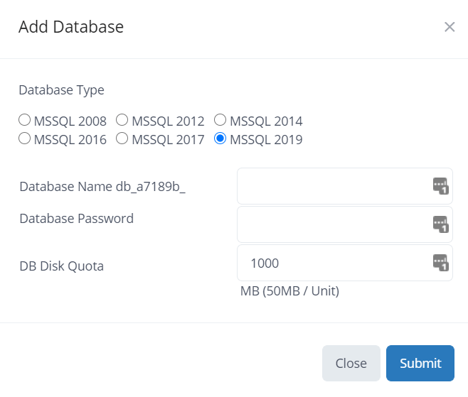 Screenshot of submitting Database settings