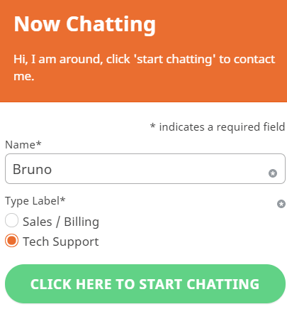 Live chat screenshot with selected tech support