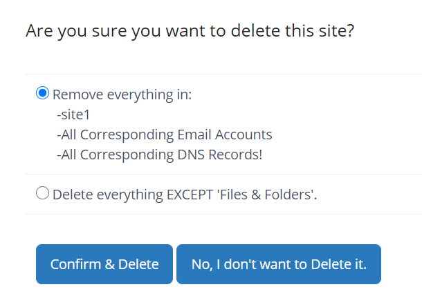 Delete website panel