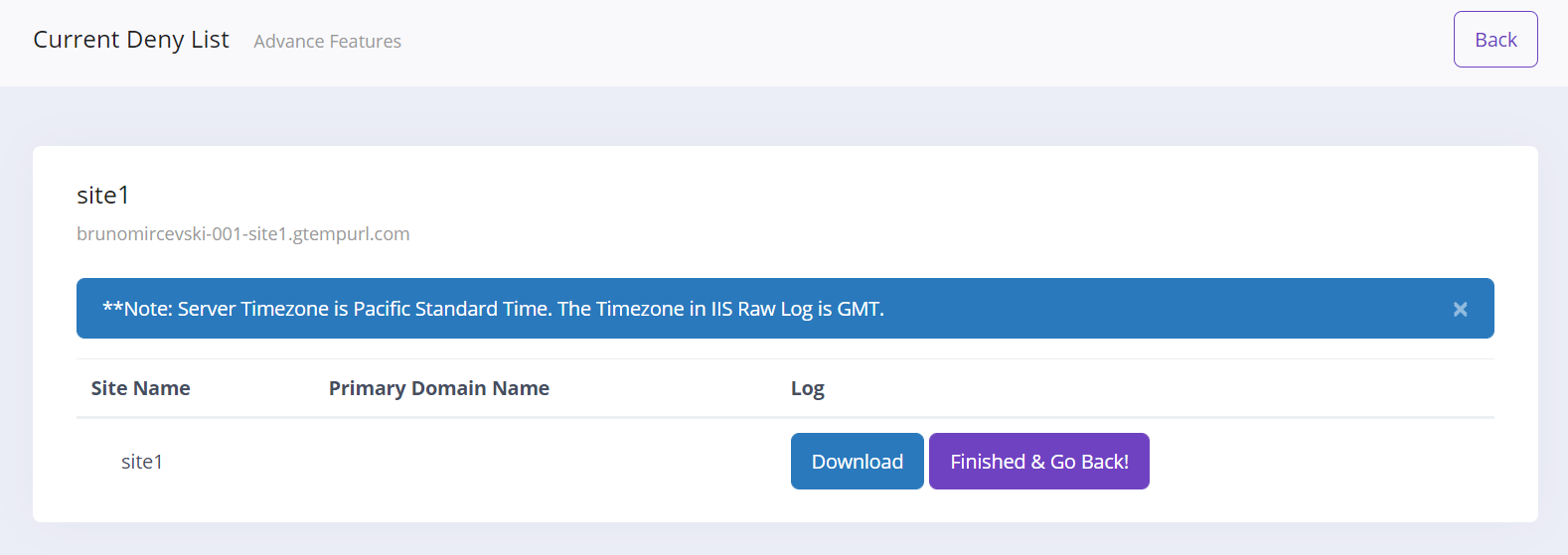 Screenshot of the Current Deny List where you can review or download IIS log