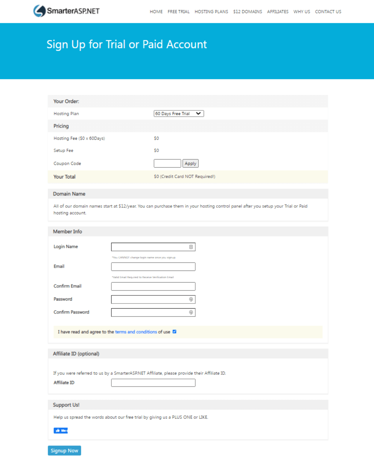 Screenshot of the Sign Up window to Account