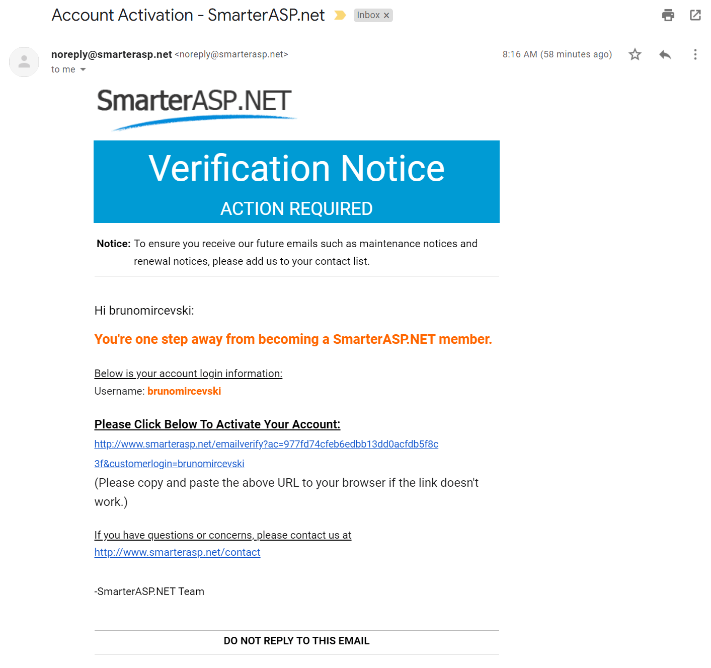 Activation confirmation email