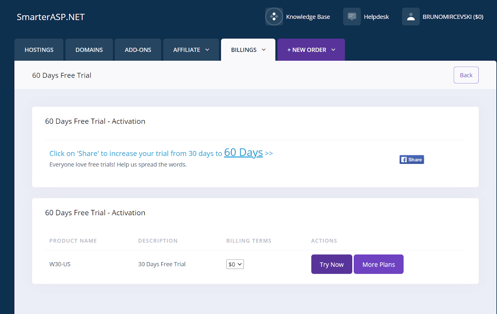 Billing tab in the SmarterASP.Net client area