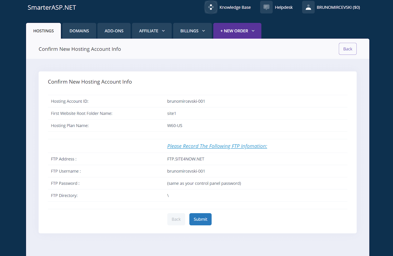 Billing tab in the SmarterASP.Net client area