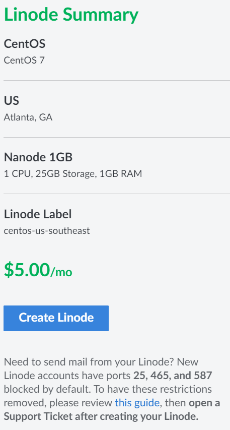 screenshot of Linode Summary 