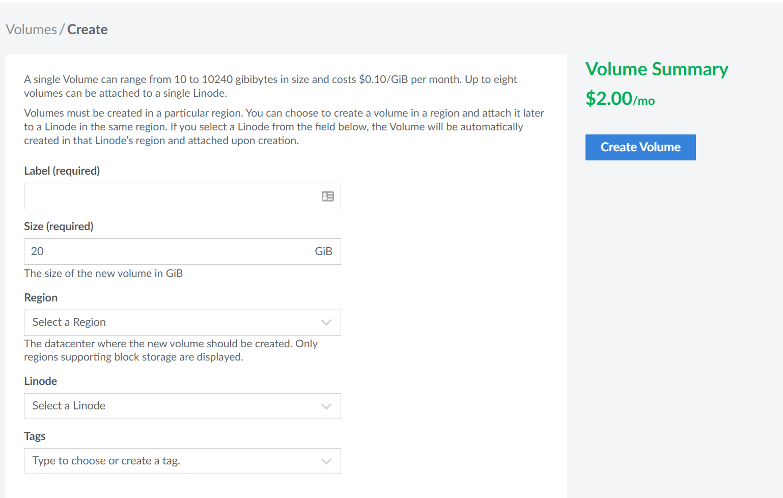 screenshot of Volumes/Create page