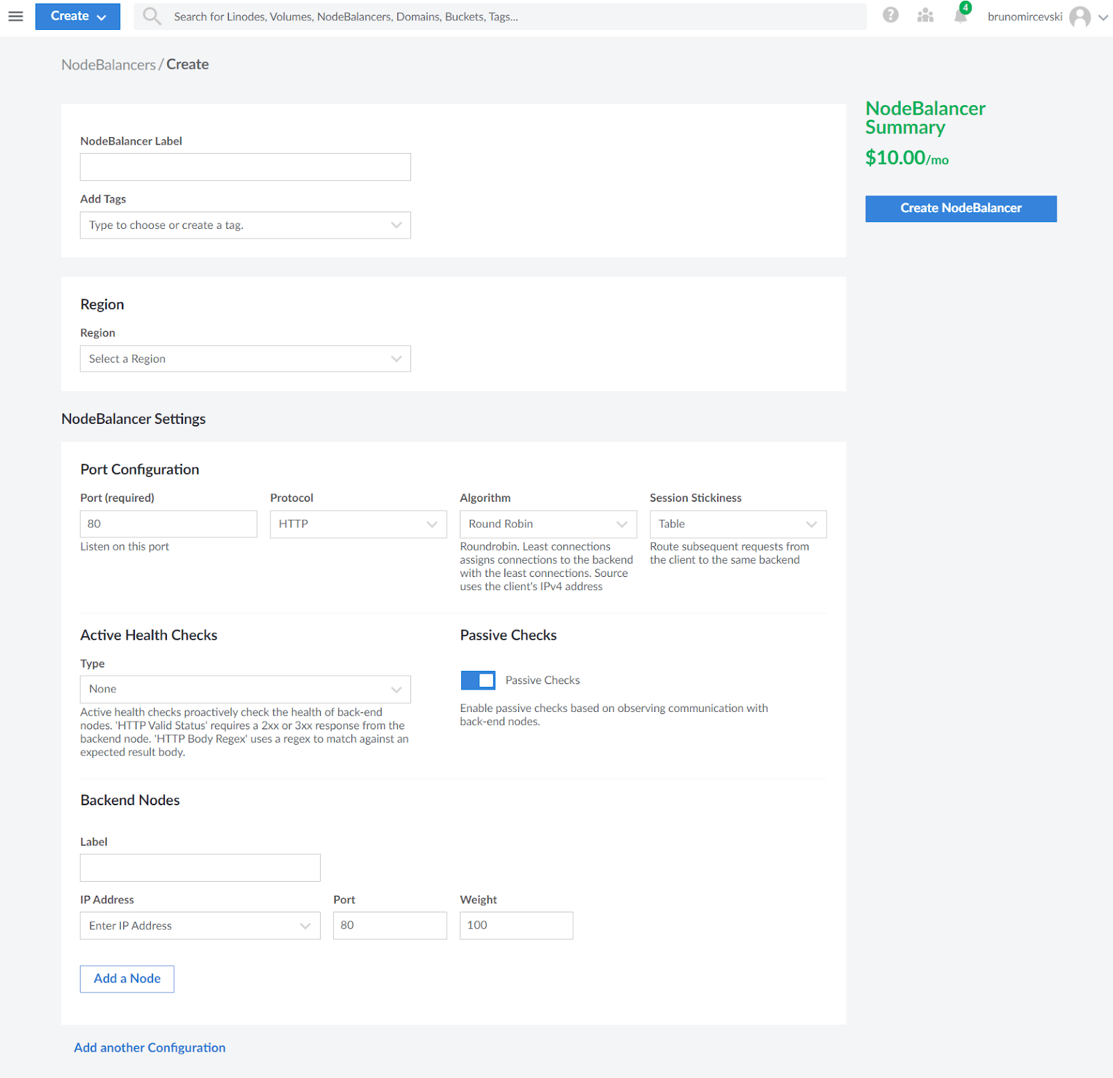 screenshot of NodeBalances/Create page