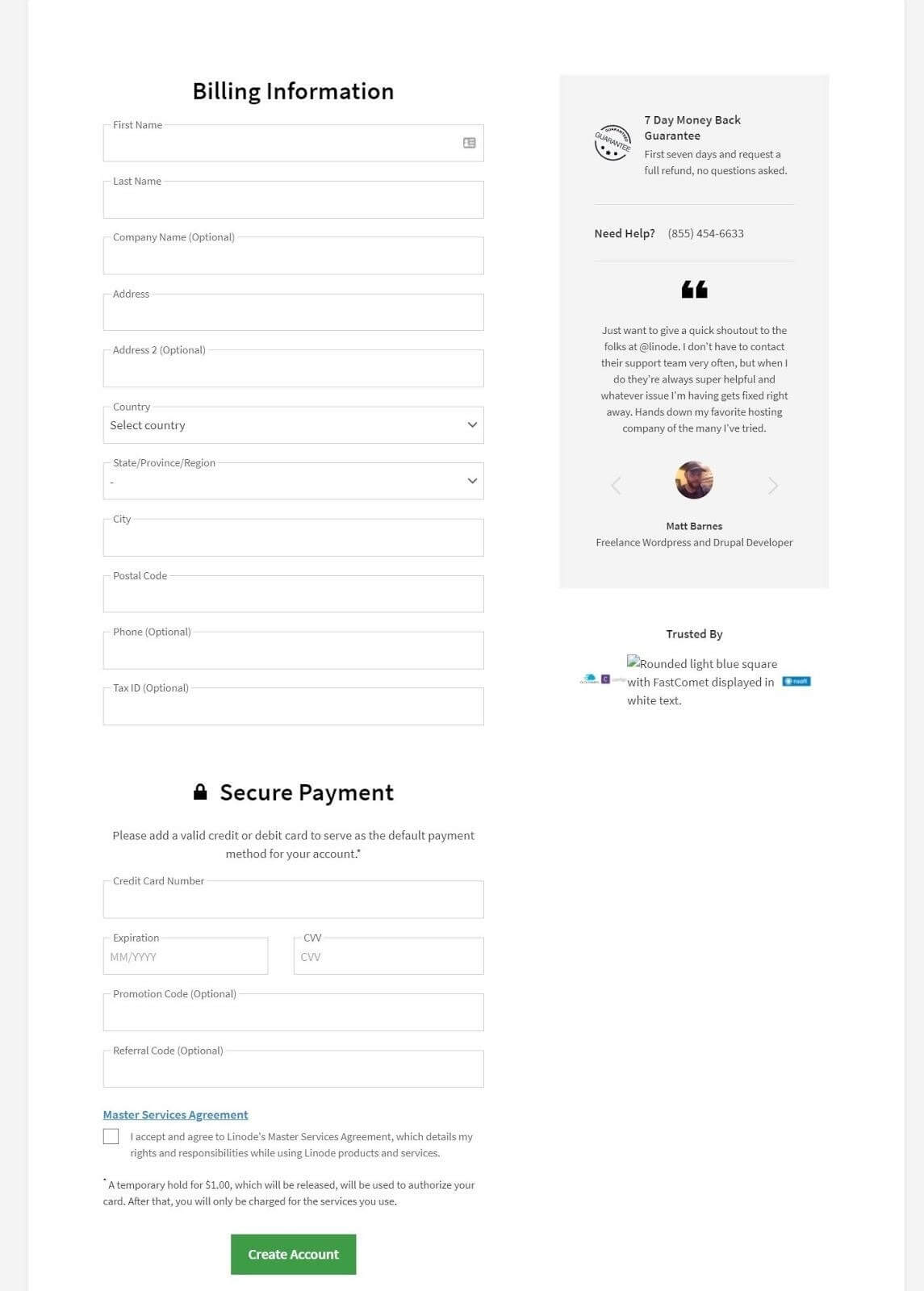 screenshot of the form for adding billing information