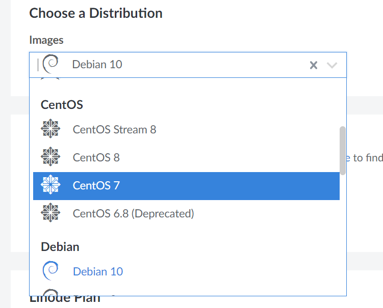 screenshot of Choosing a Distribution dropdown menu