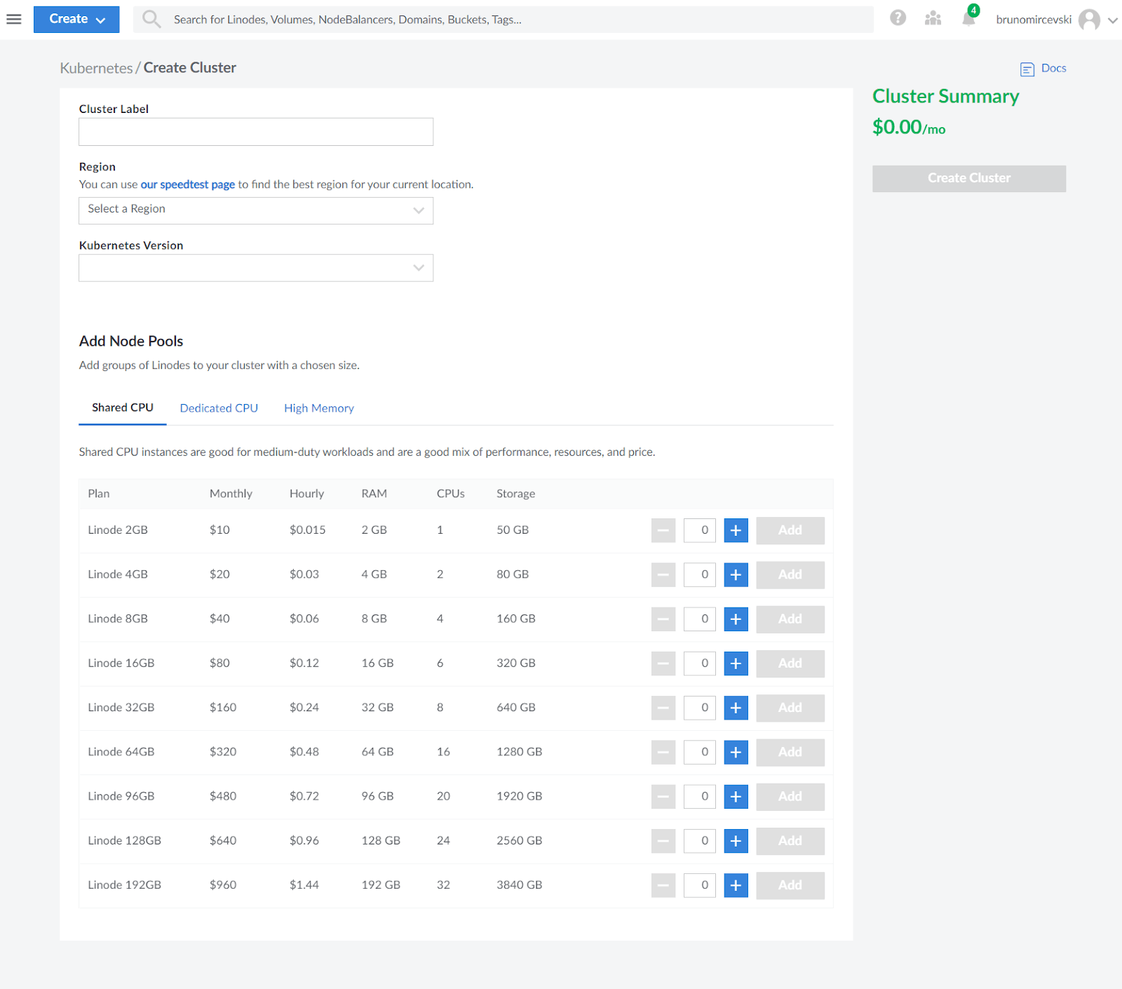 screenshot of Kubernetes/Create page