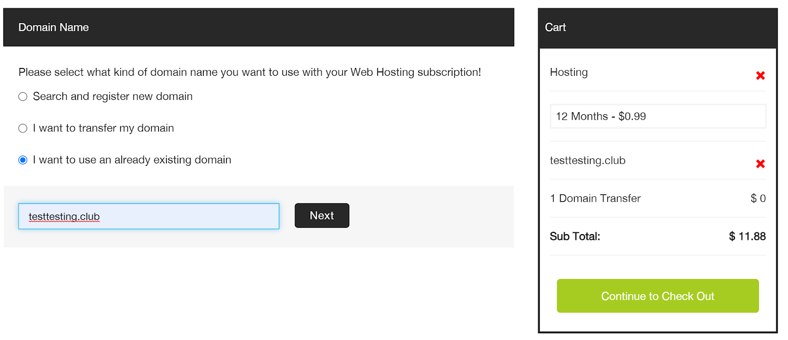 screenshot of domain name selection menu