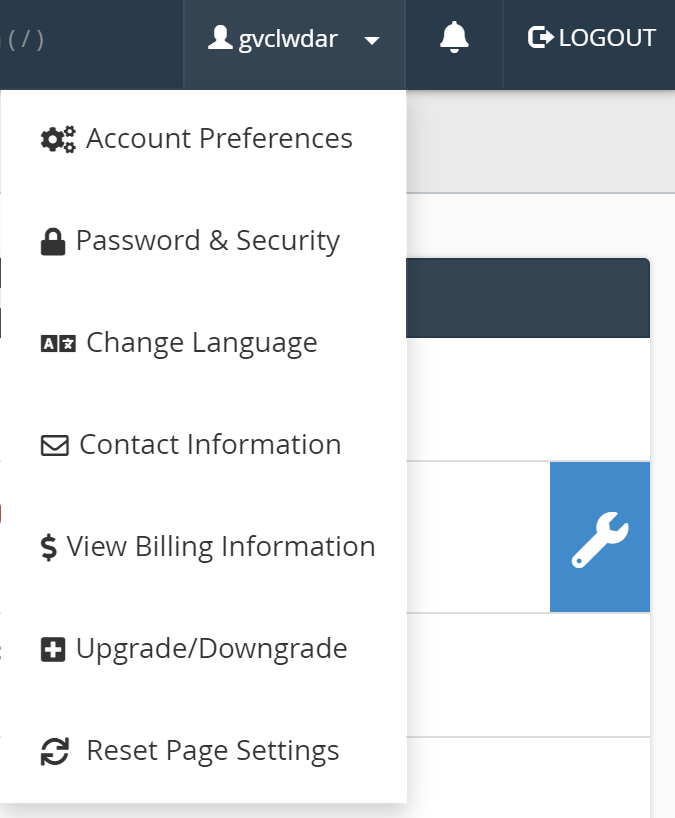 screenshot of cPanel Preferences droplist menu