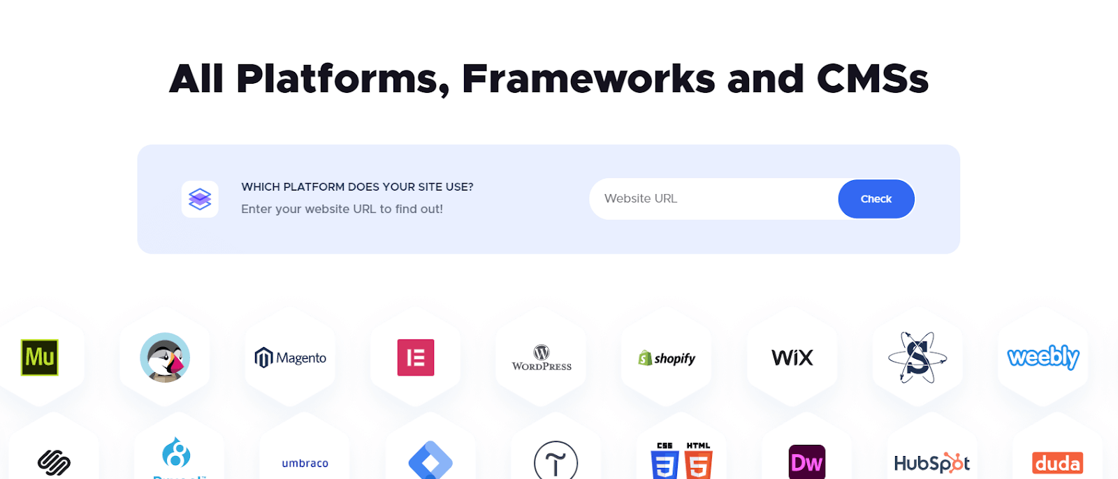 screenshot of platforms, frameworks and CMS that are supported by UserWay