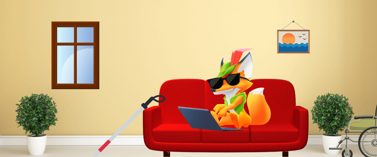 Illustration of a blind fox sitting at a computer