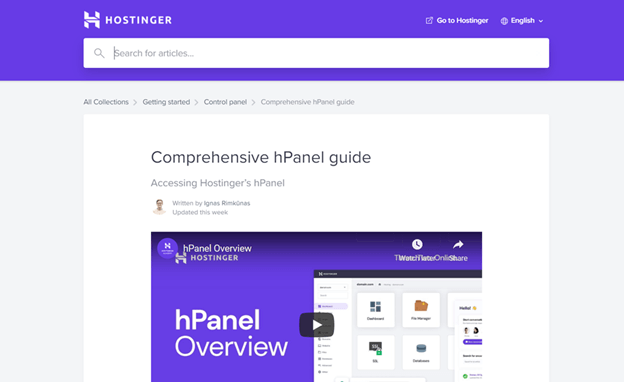 screenshot of hPanel guide