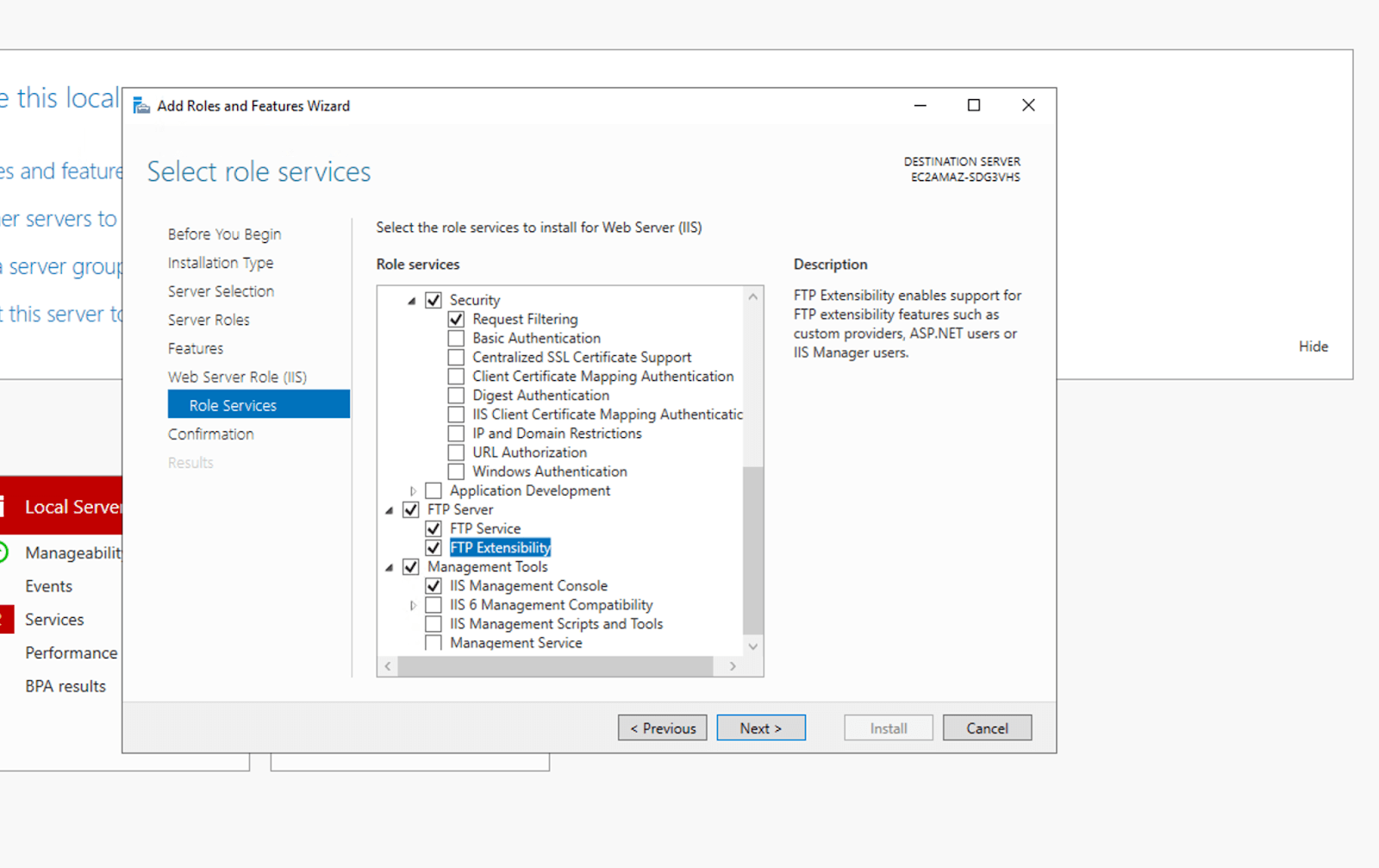 screenshot of role services tab