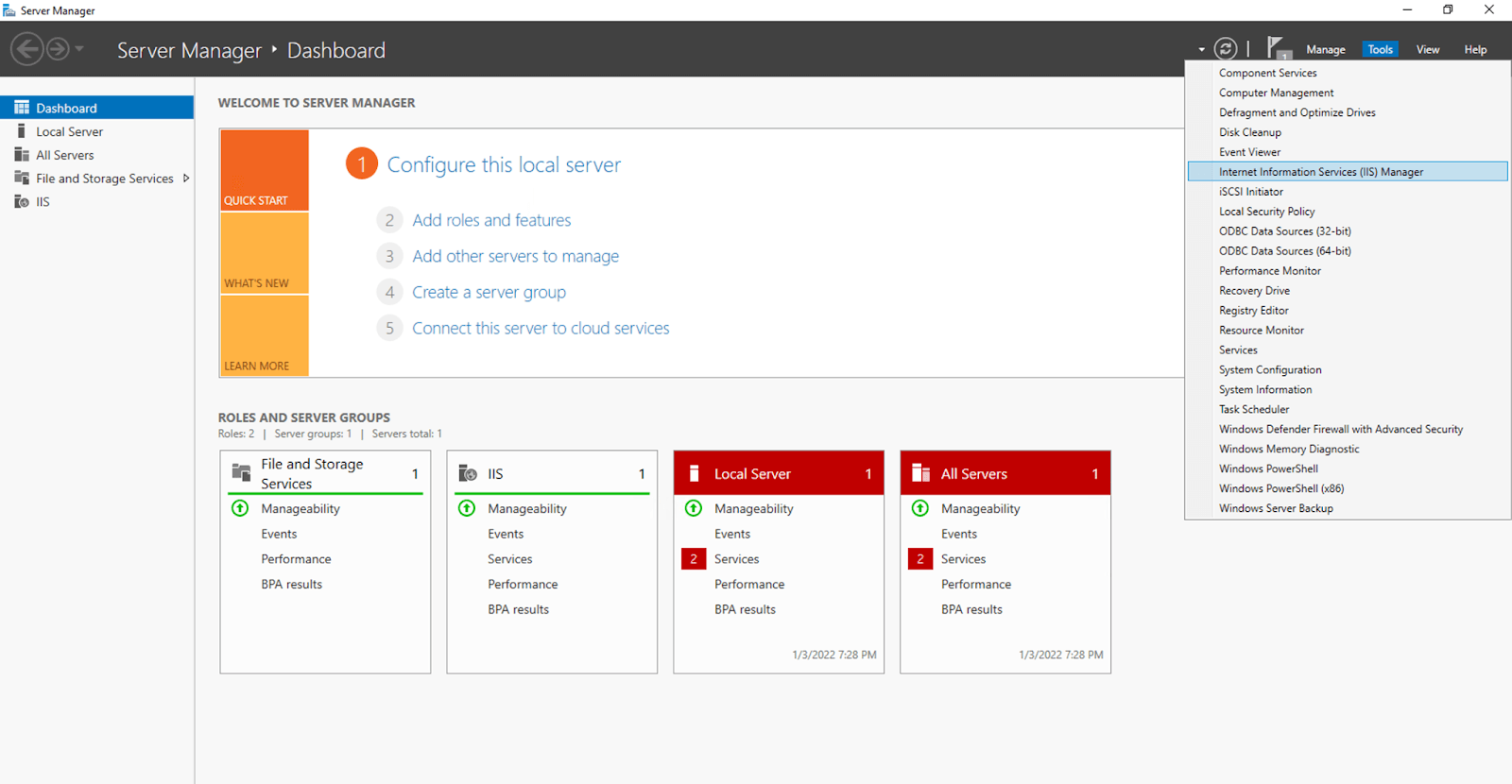 screenshot of Server Manager dashboard