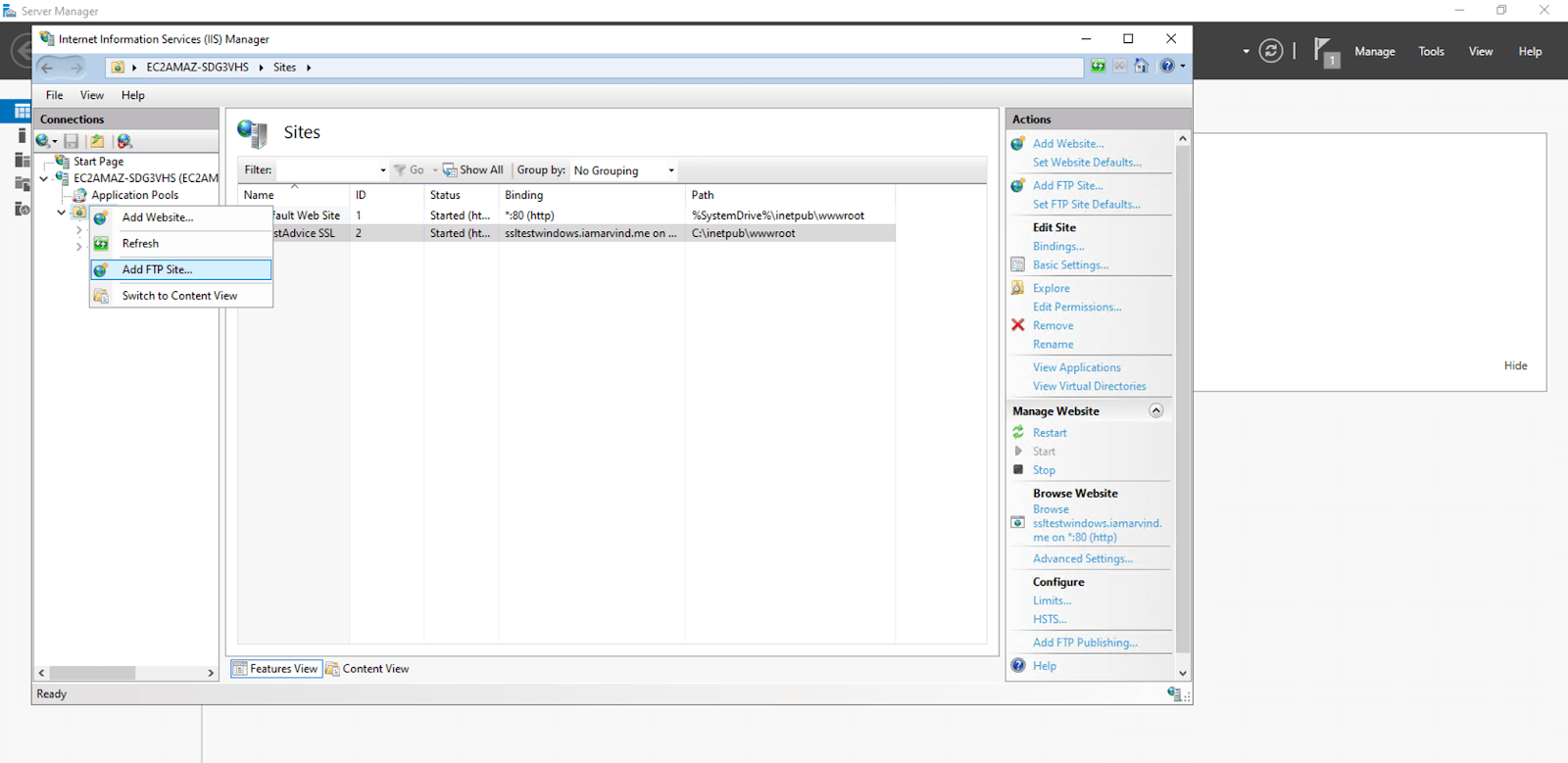 screenshot of IIS Manager with highlighted Add FTP Site button