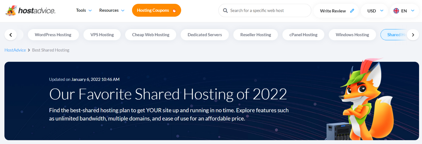 screenshot of Shared Hosting page on HostAdvice