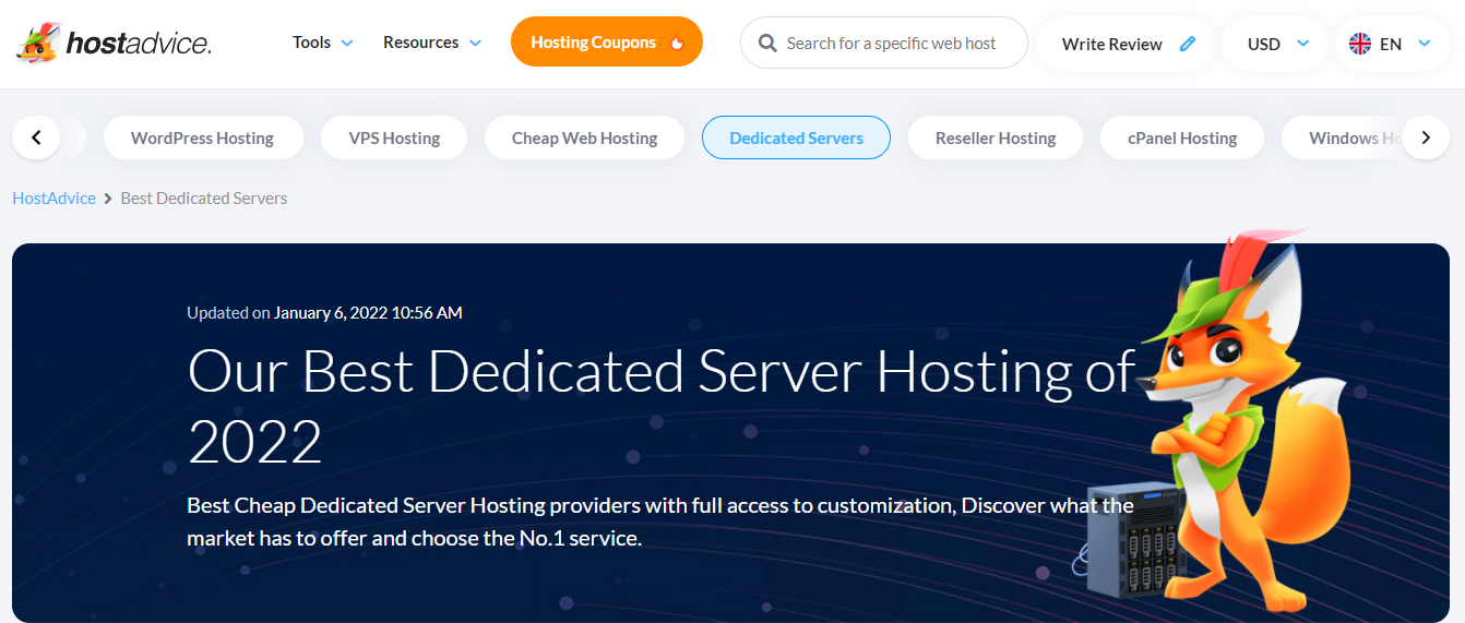 screenshot of Dedicated Server page on HostAdvice