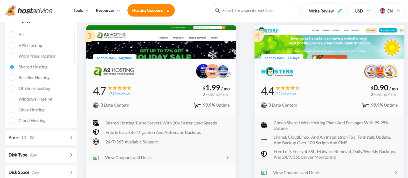 screenshot of Shared Hosting page on HostAdvice (compare a A2 Hosting and Hostens prices )