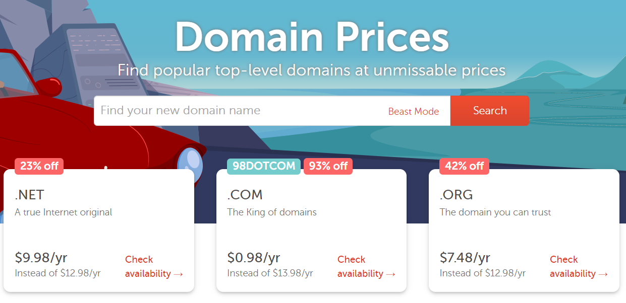 screenshot of domain prices