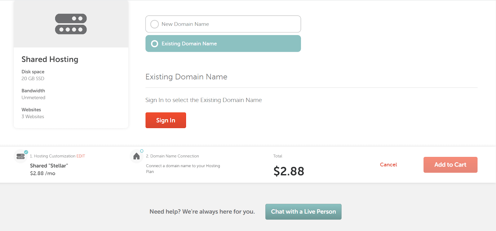 screenshot of domain hosting purchase and setup