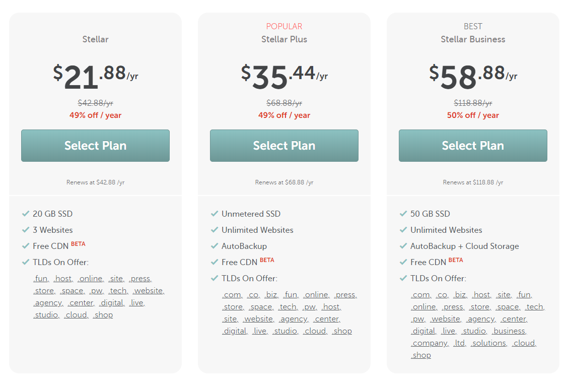 screenshot of hosting plans