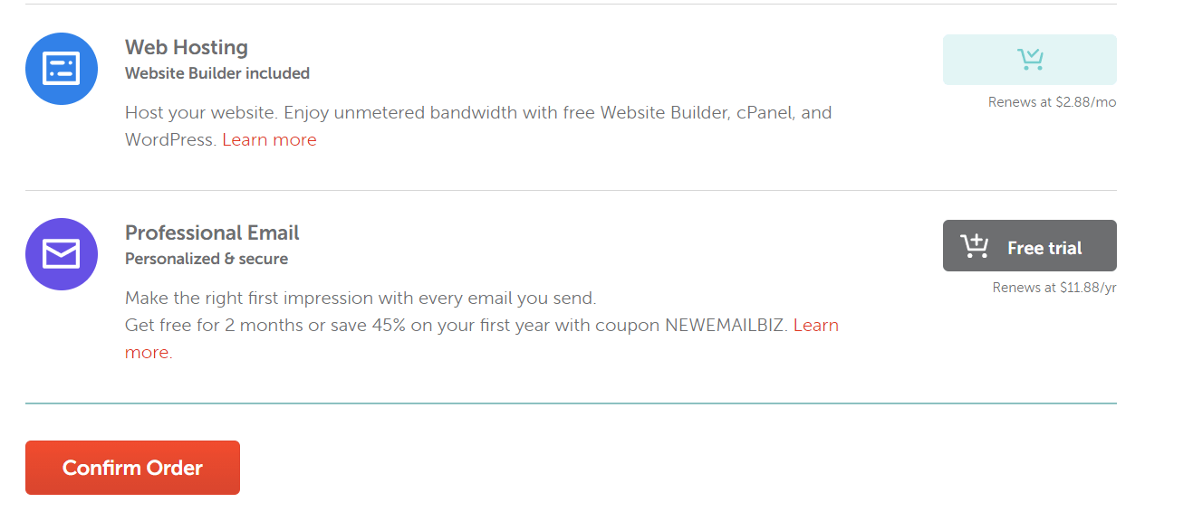 screenshot of domain hosting purchase and setup