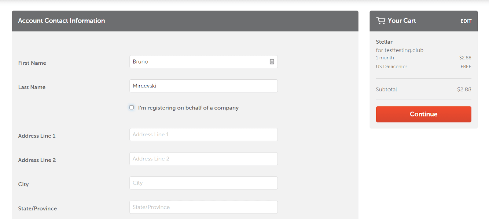 screenshot of domain hosting purchase and setup