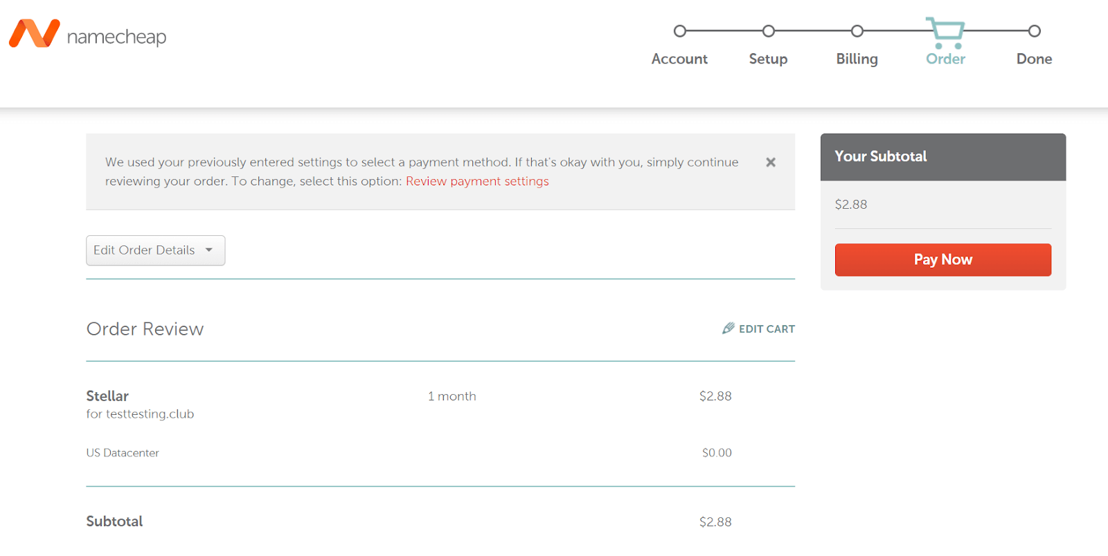 screenshot of domain hosting purchase and setup