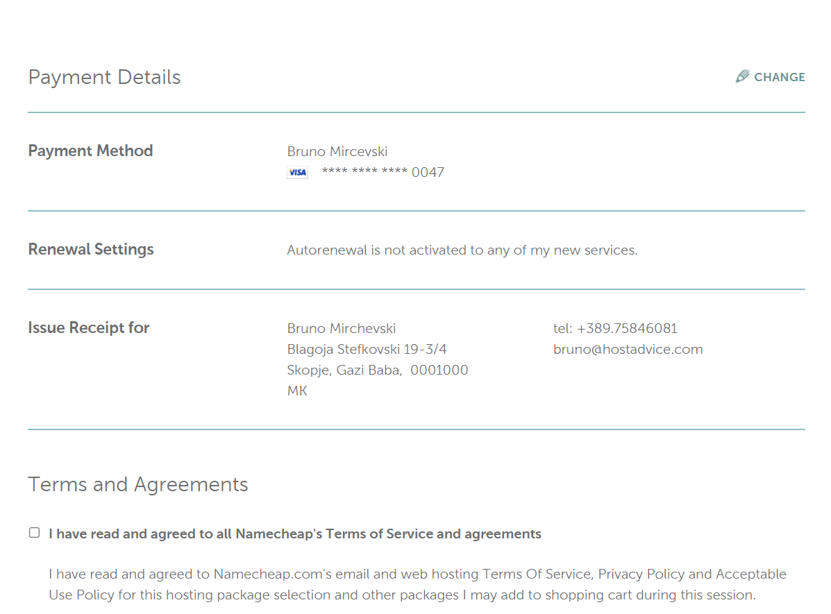 screenshot of domain hosting purchase and setup