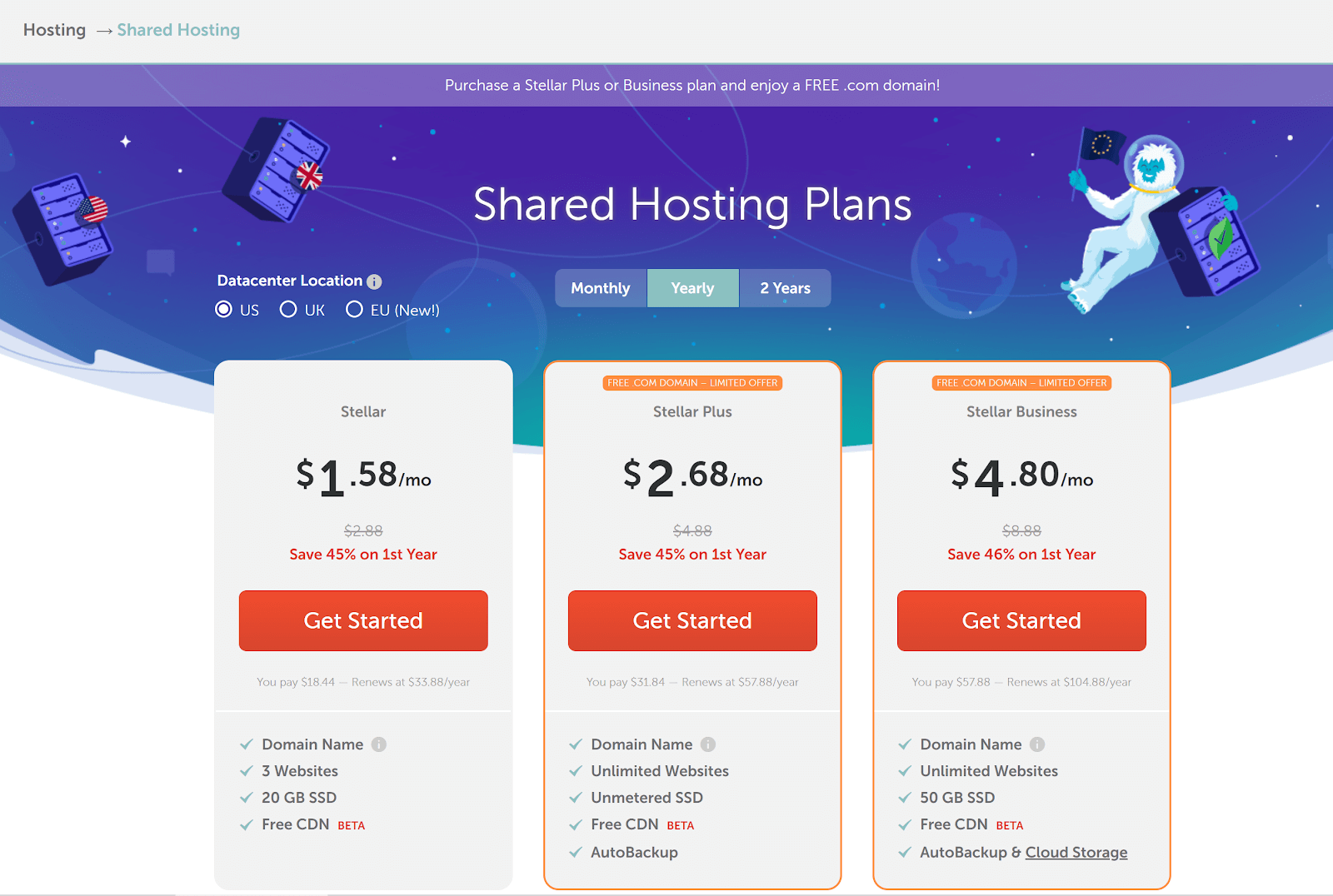 screenshot of shared hosting plans