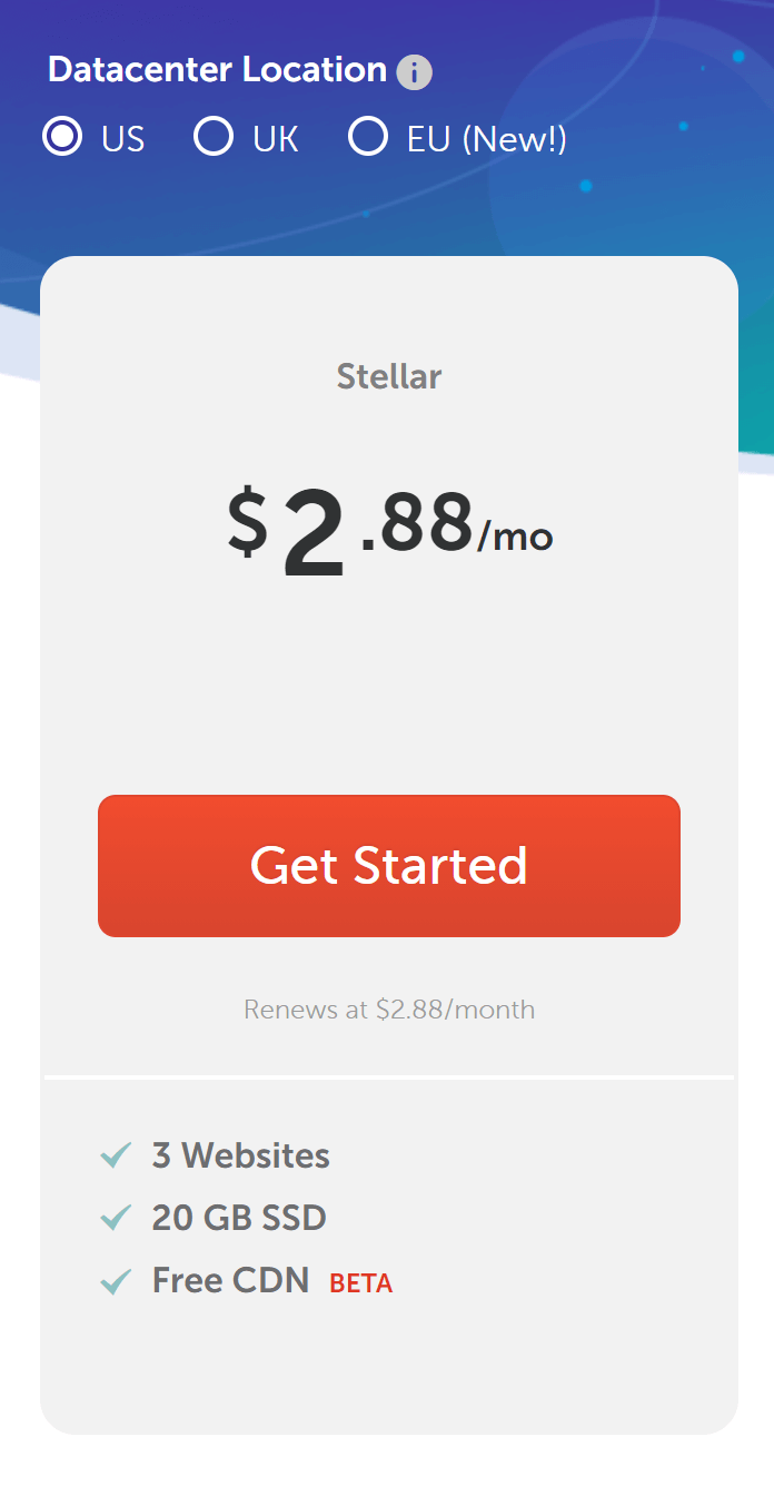 screenshot of shared hosting price