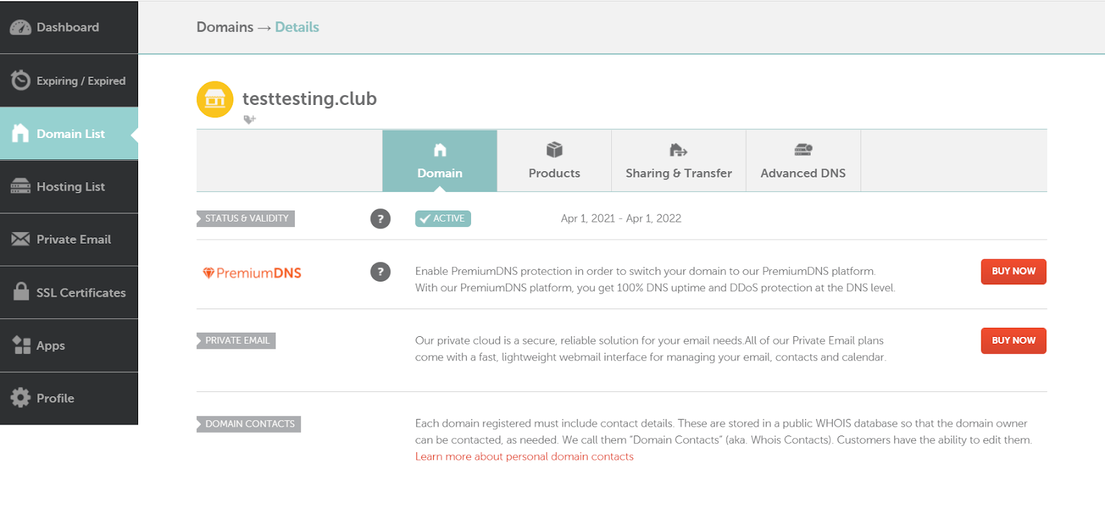 screenshot of domain hosting purchase and setup