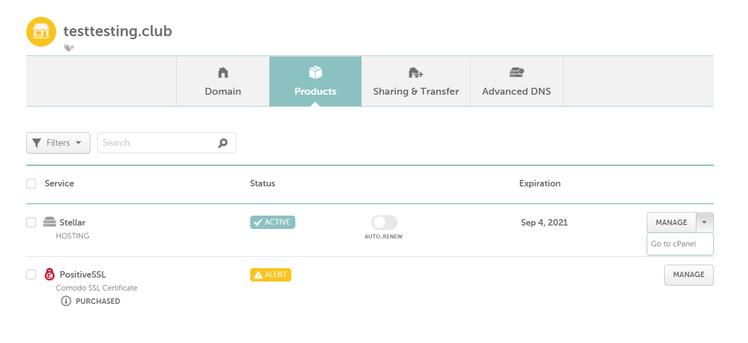 screenshot of domain hosting purchase and setup