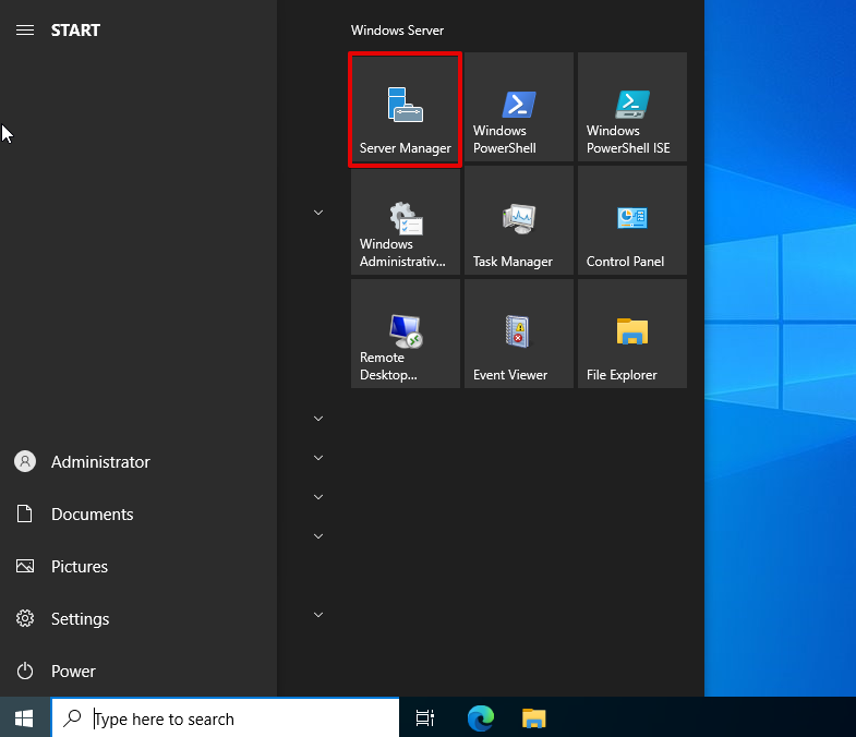 screenshot of Start menu with highlighted a Server Manager