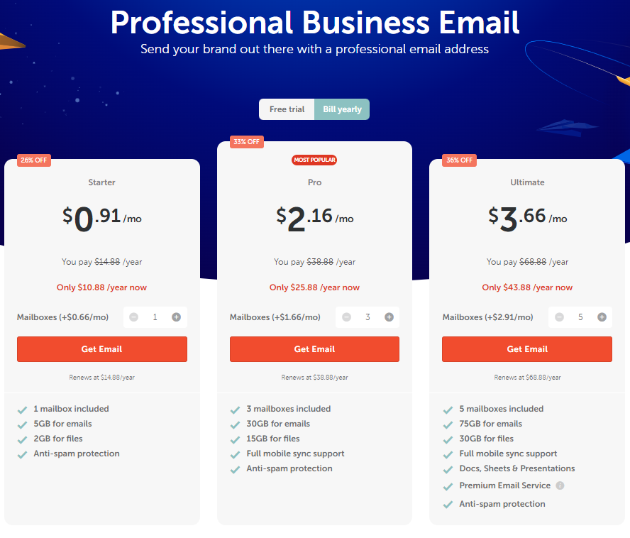 screenshot of professional business email plans