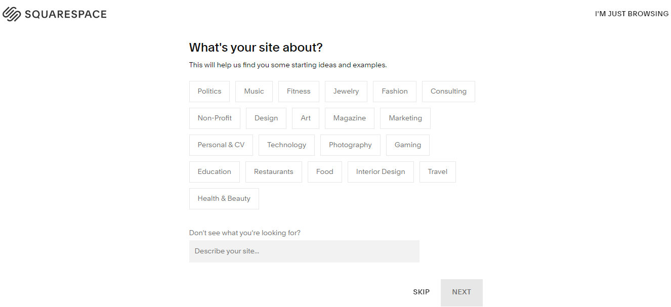 Screenshot of Squarespace questionnaire for your website