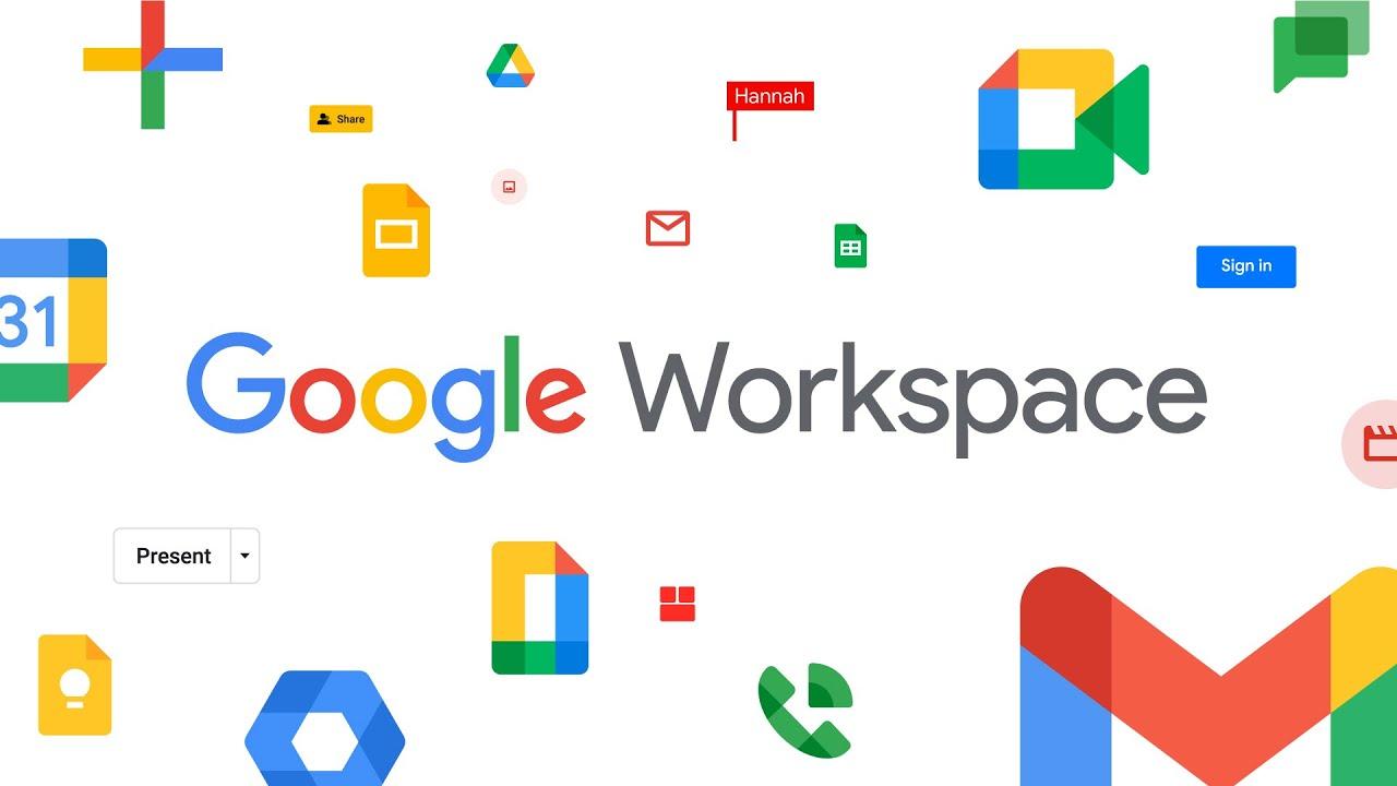 A white background with Google Workspaceâ€™s logo and small icons depicting its features; calendar, Gmail, drive, meet, and more.