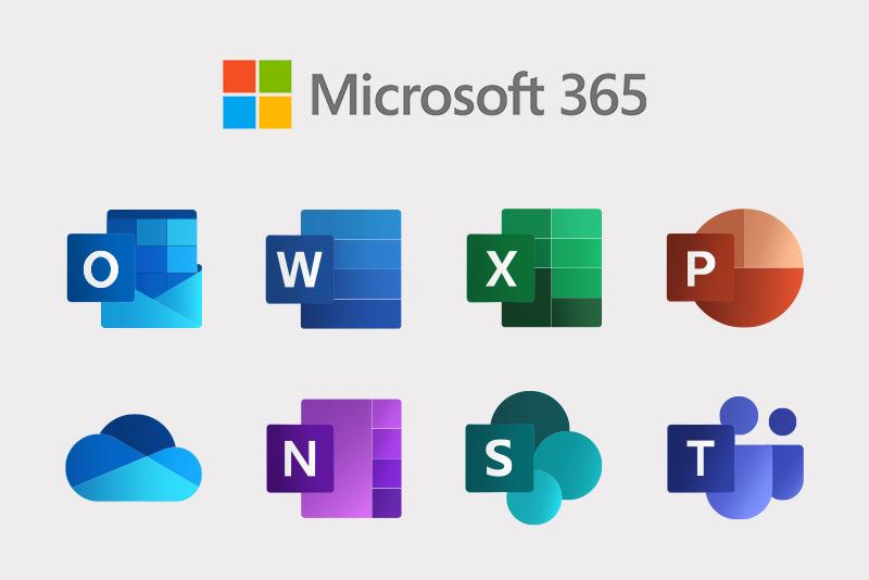 Microsoft 365â€™s logo with icons for Office tools, including Outlook, Word, Excel, and PowerPoint.