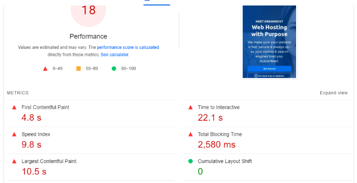 PageSpeed Insights Test that shows the speed index (9.8 seconds), the first contentful page (4.8 seconds), the largest contentful page (10.8 seconds), the time to interact (22.1 seconds), the total blocking time (2,580 ms), and the cumulative layout shift (0)