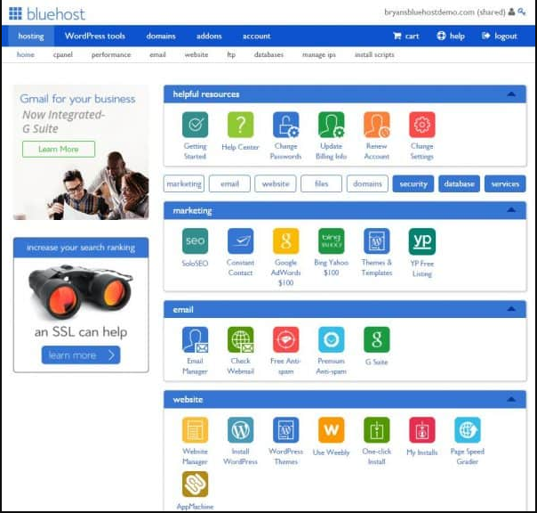 Bluehost control panel tools on a white background.