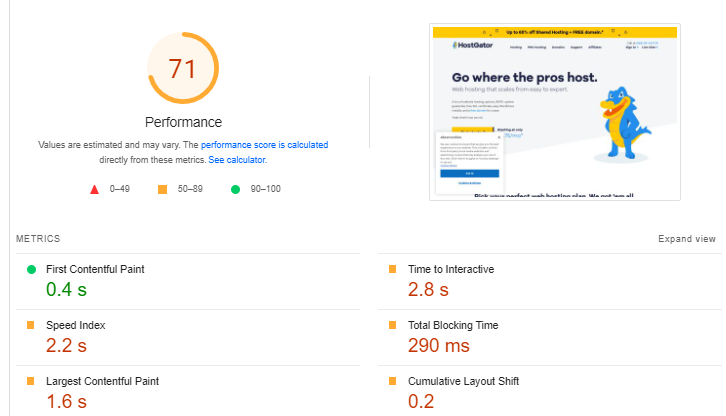 PageSpeed Insights Test that shows the speed index (2.2 seconds), the first contentful page (0.4 seconds), the largest contentful page (1.6 seconds), the time to interact (2.8 seconds), the total blocking time (290 ms), and the cumulative layout shift (0.2).