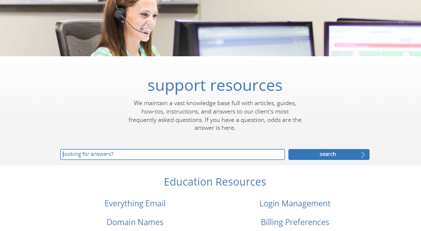 Tab showing Bluehostâ€™s knowledge base with suggested education resources.